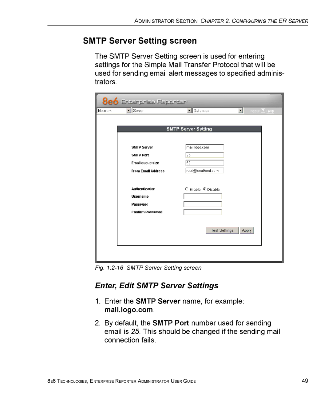 8e6 Technologies ER manual Smtp Server Setting screen, Enter, Edit Smtp Server Settings 