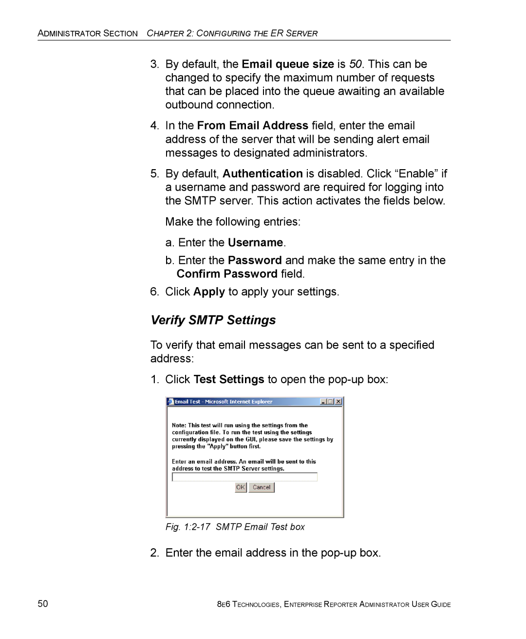 8e6 Technologies ER manual Verify Smtp Settings, Enter the email address in the pop-up box 