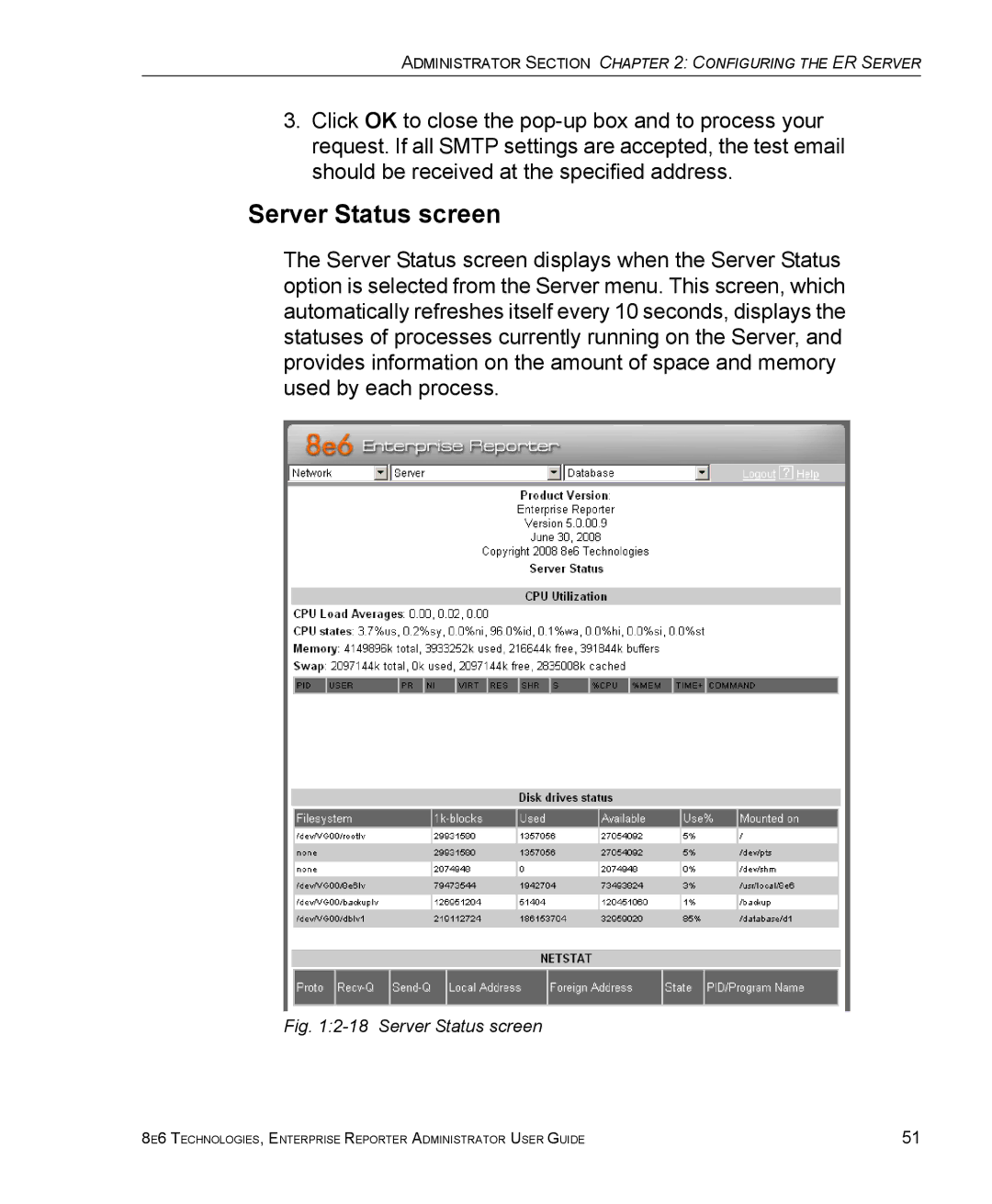 8e6 Technologies ER manual Server Status screen 