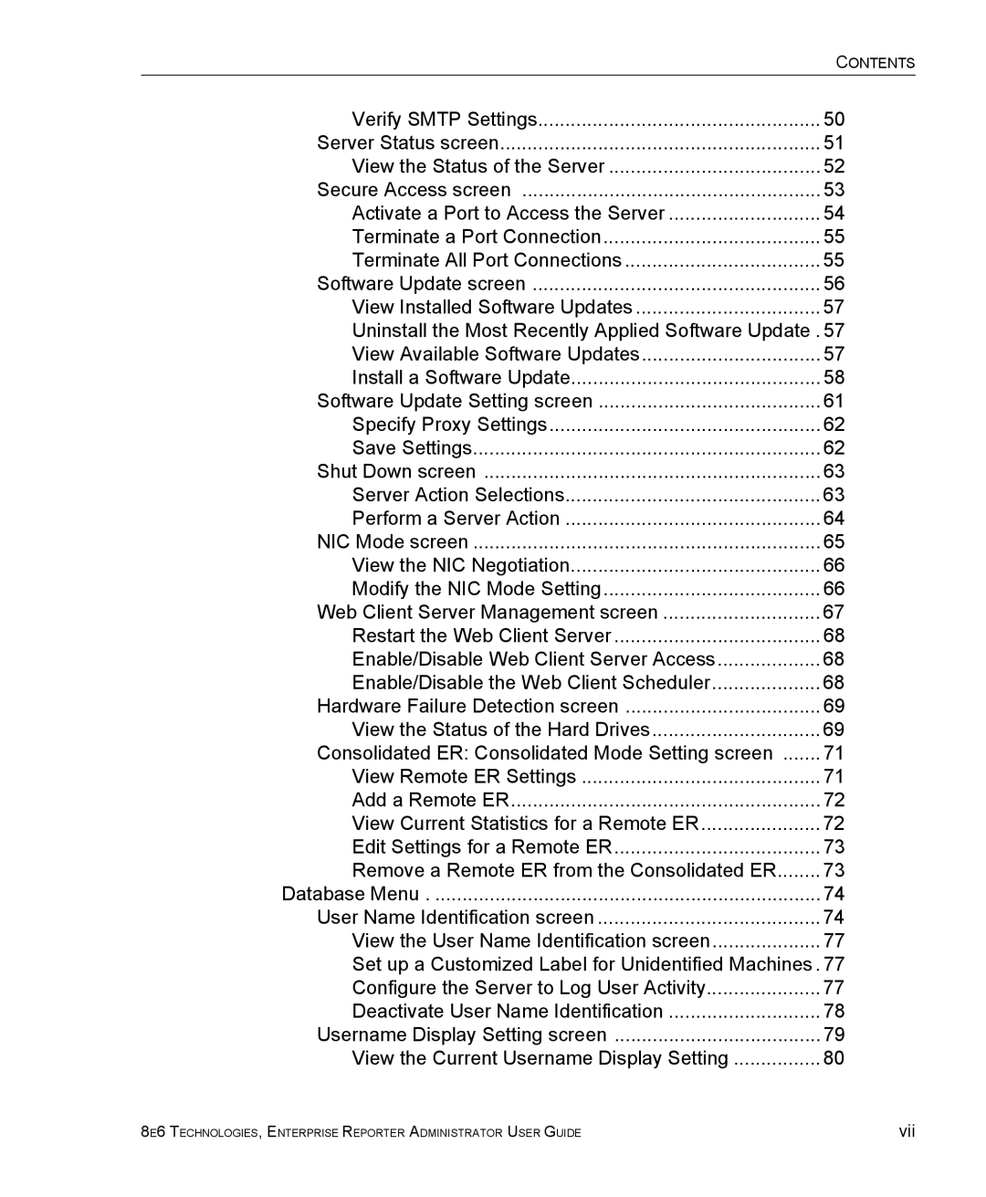 8e6 Technologies ER manual Database Menu 