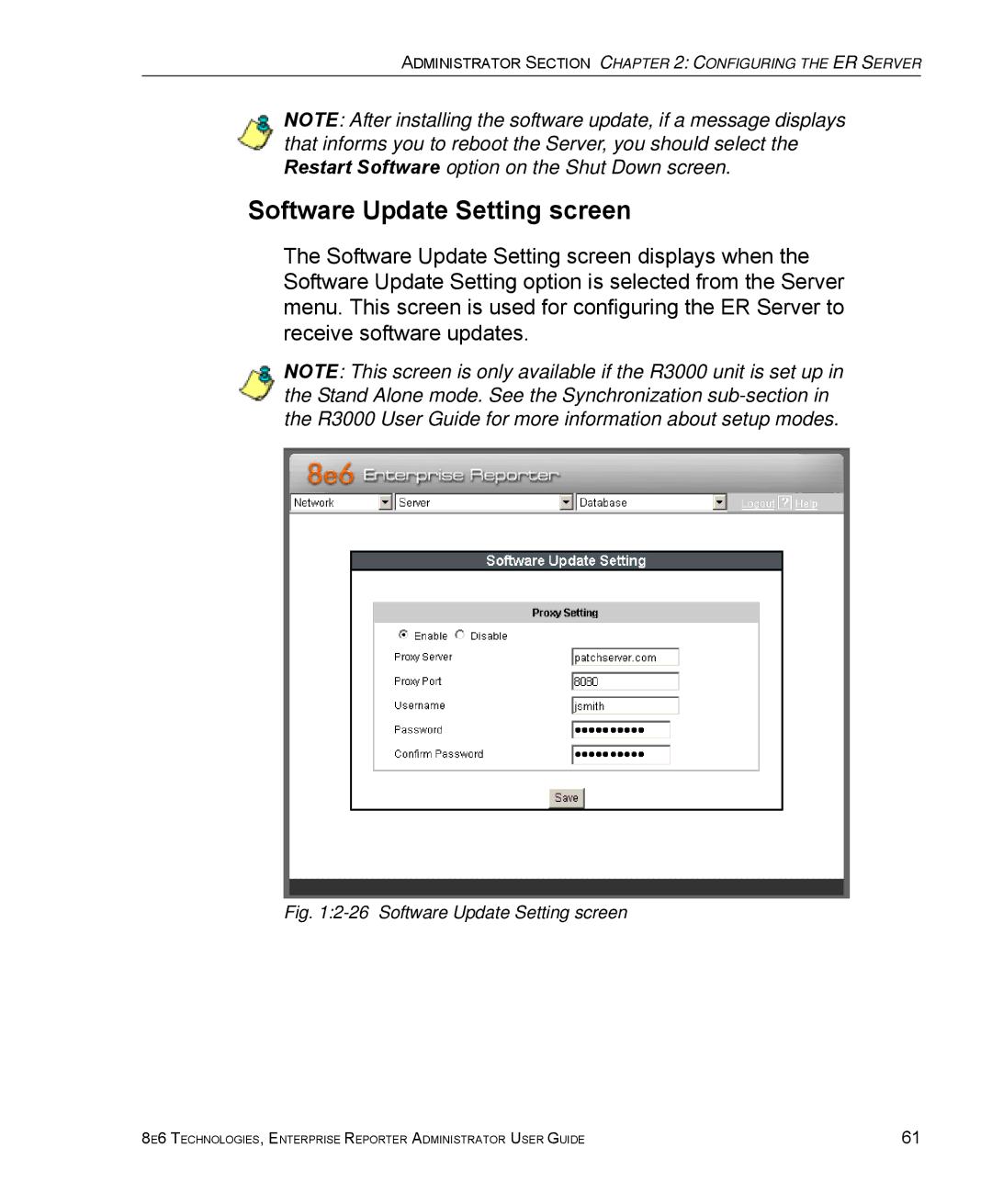 8e6 Technologies ER manual Software Update Setting screen 