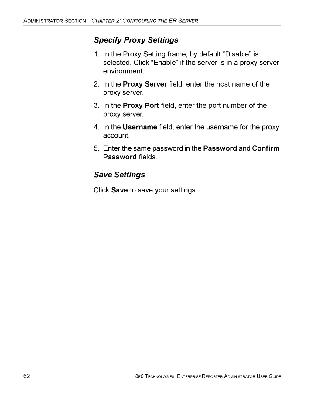 8e6 Technologies ER manual Specify Proxy Settings, Save Settings 
