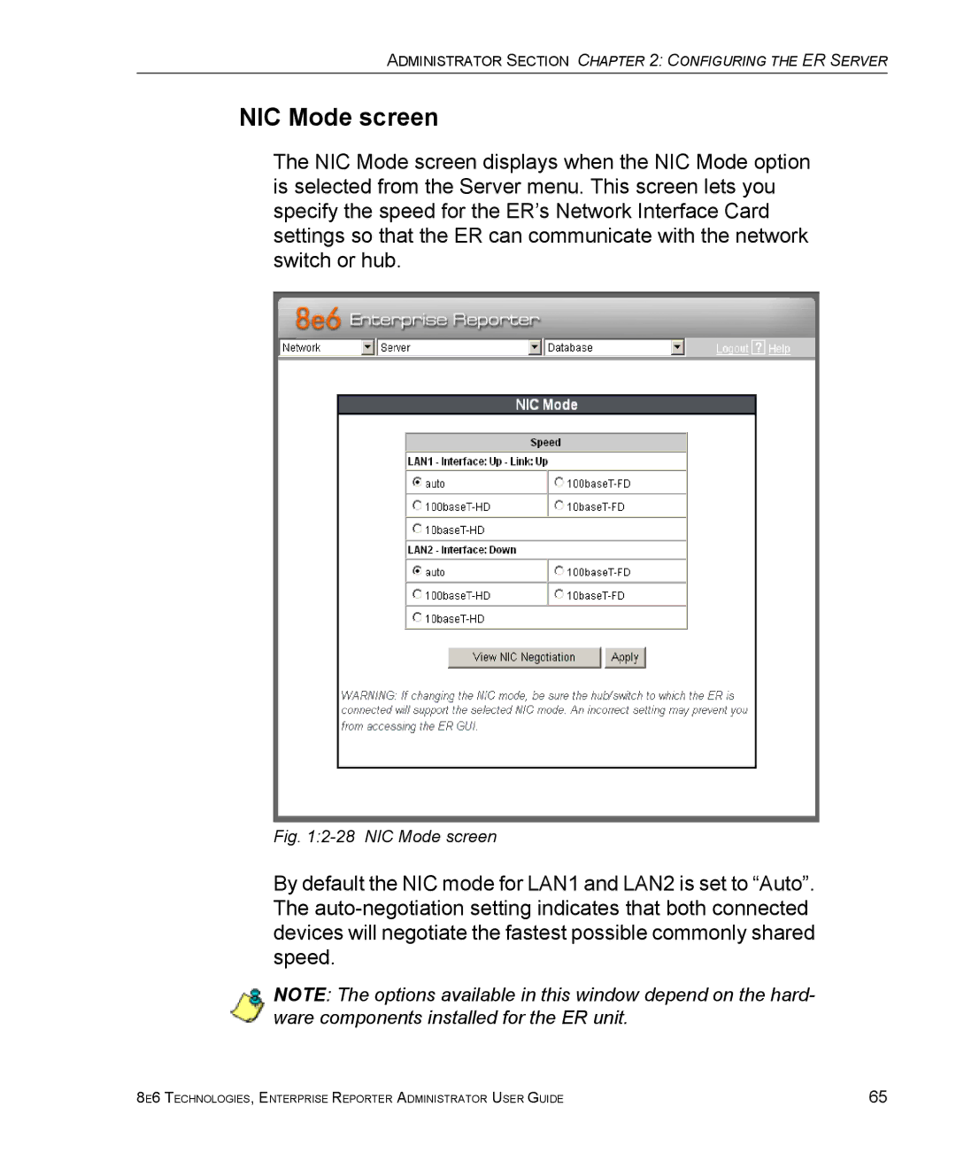 8e6 Technologies ER manual NIC Mode screen 