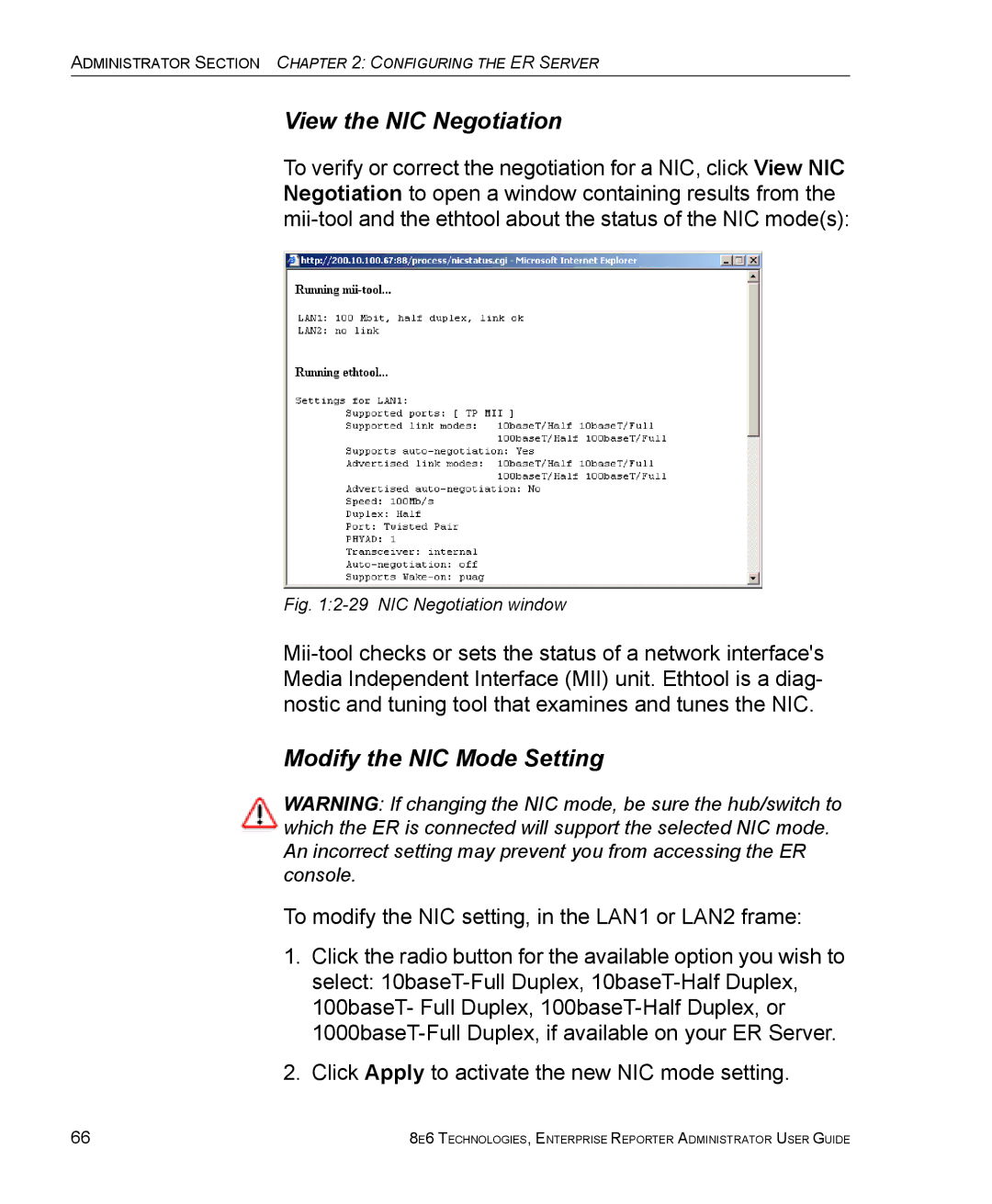 8e6 Technologies ER manual View the NIC Negotiation, Modify the NIC Mode Setting 