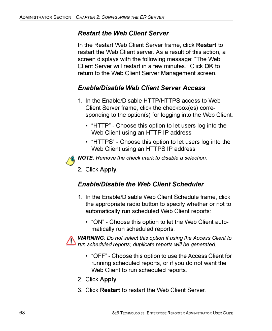 8e6 Technologies ER manual Restart the Web Client Server, Enable/Disable Web Client Server Access 