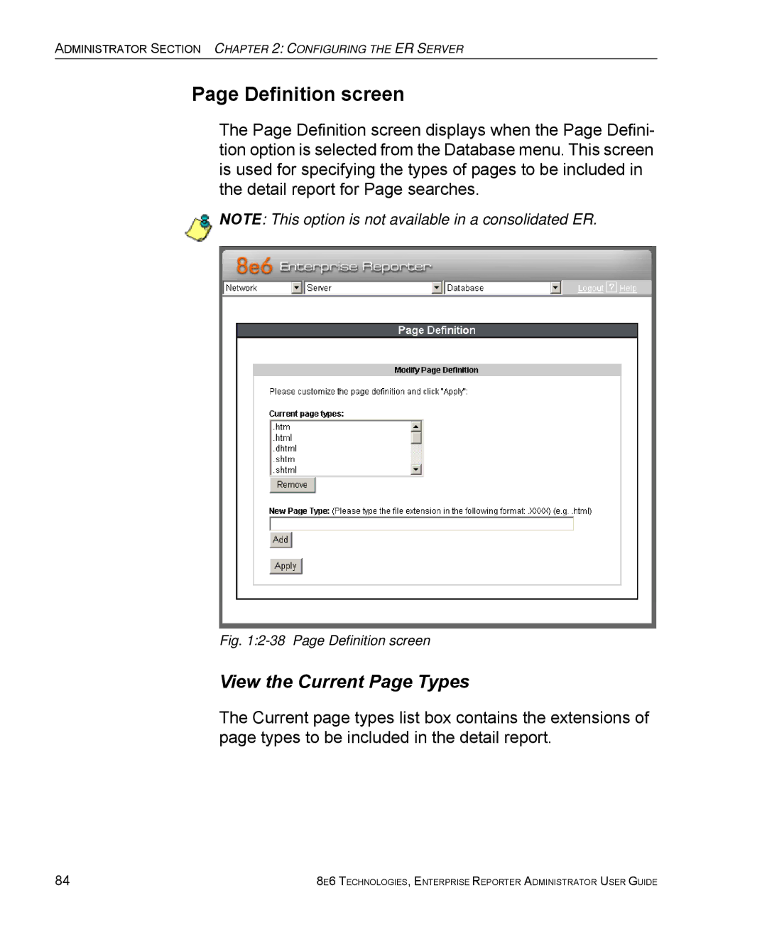 8e6 Technologies ER manual Definition screen, View the Current Page Types 