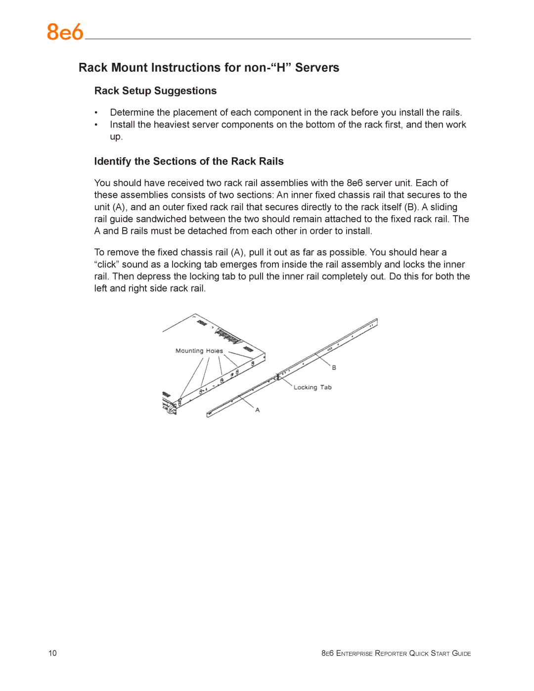 8e6 Technologies ERH-100 (5K02-61), ER3-100 (5K02-55) Rack Mount Instructions for non-H Servers, Rack Setup Suggestions 