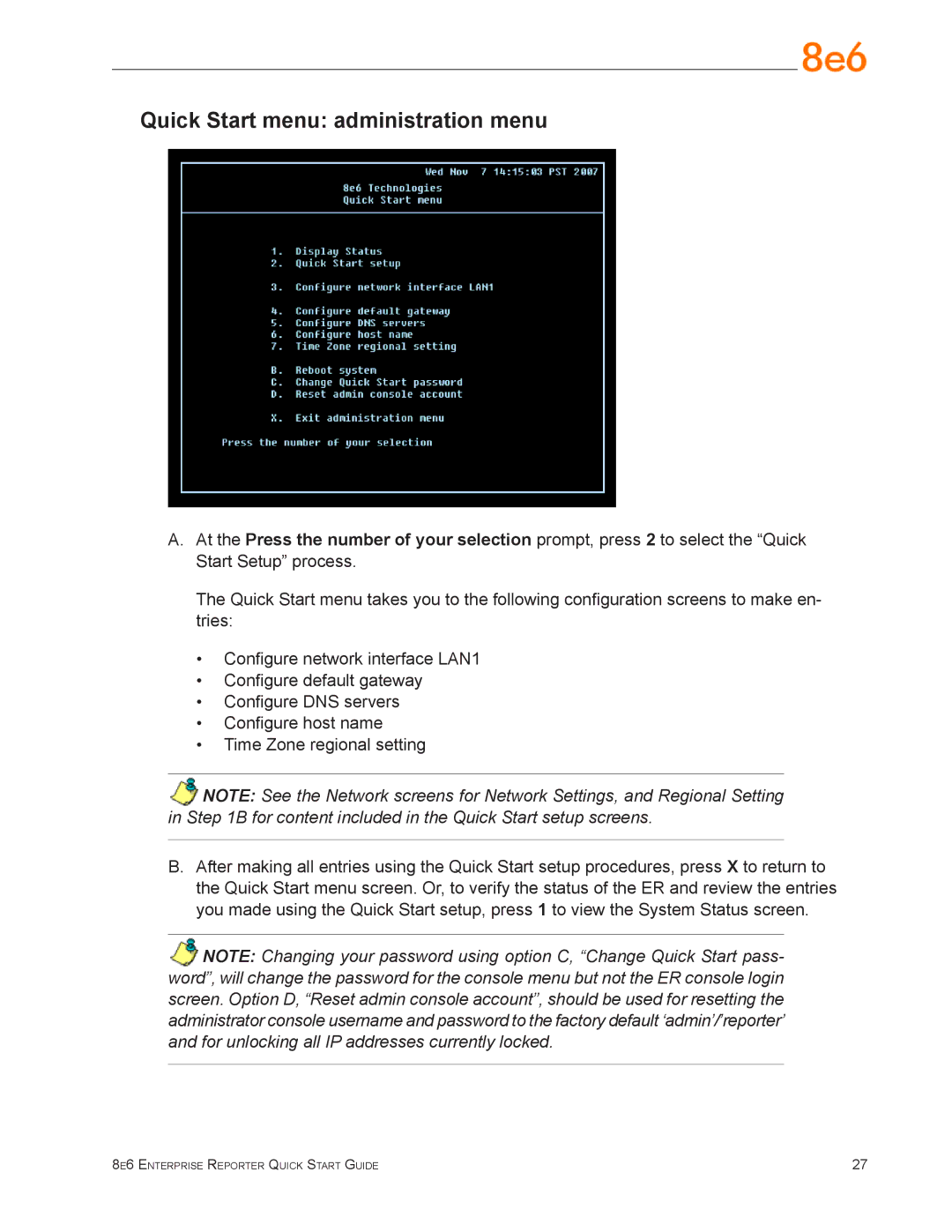 8e6 Technologies ER3-200 (5K02-56), ER3-100 (5K02-55), ERH-100 (5K02-61) quick start Quick Start menu administration menu 