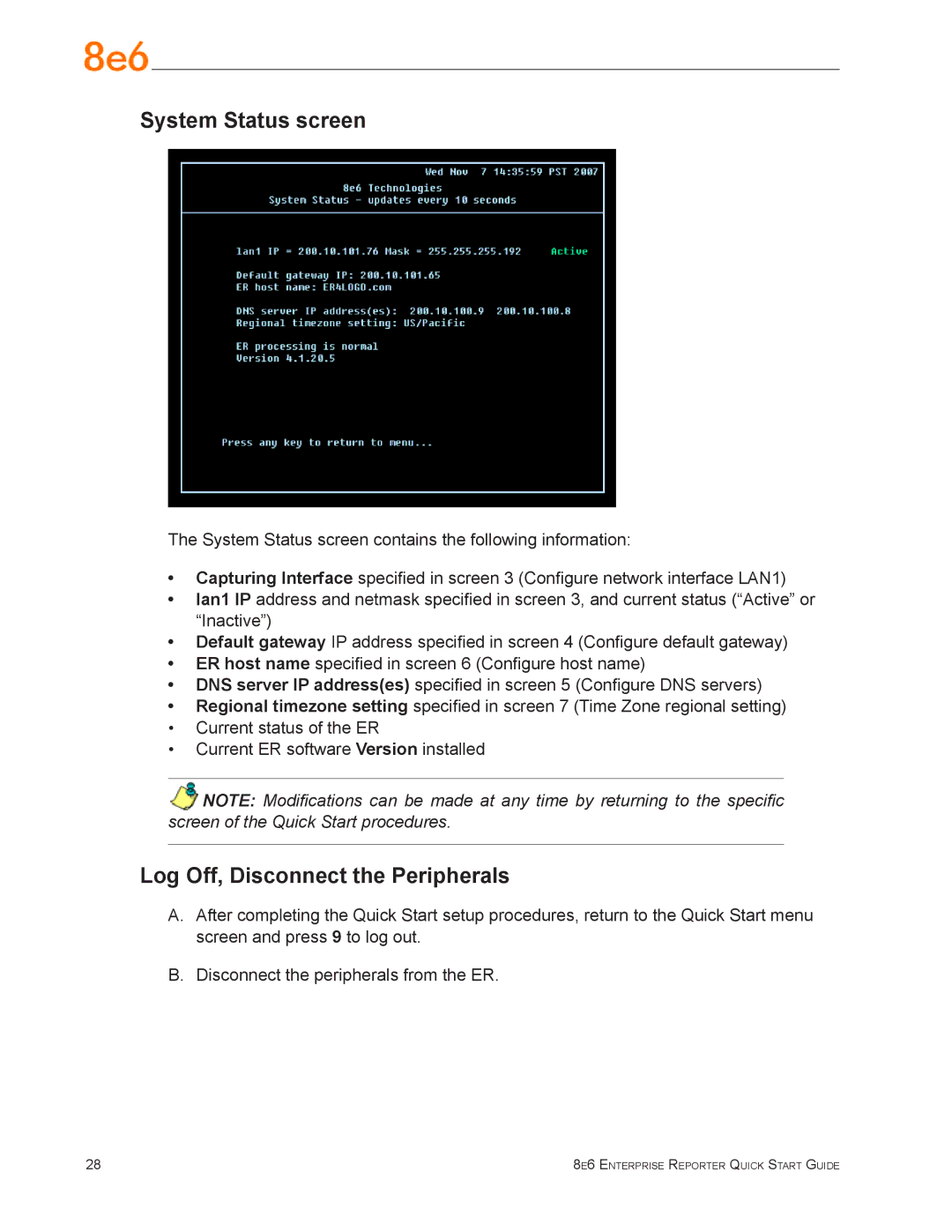 8e6 Technologies ERH-100 (5K02-61), ER3-100 (5K02-55) quick start System Status screen, Log Off, Disconnect the Peripherals 