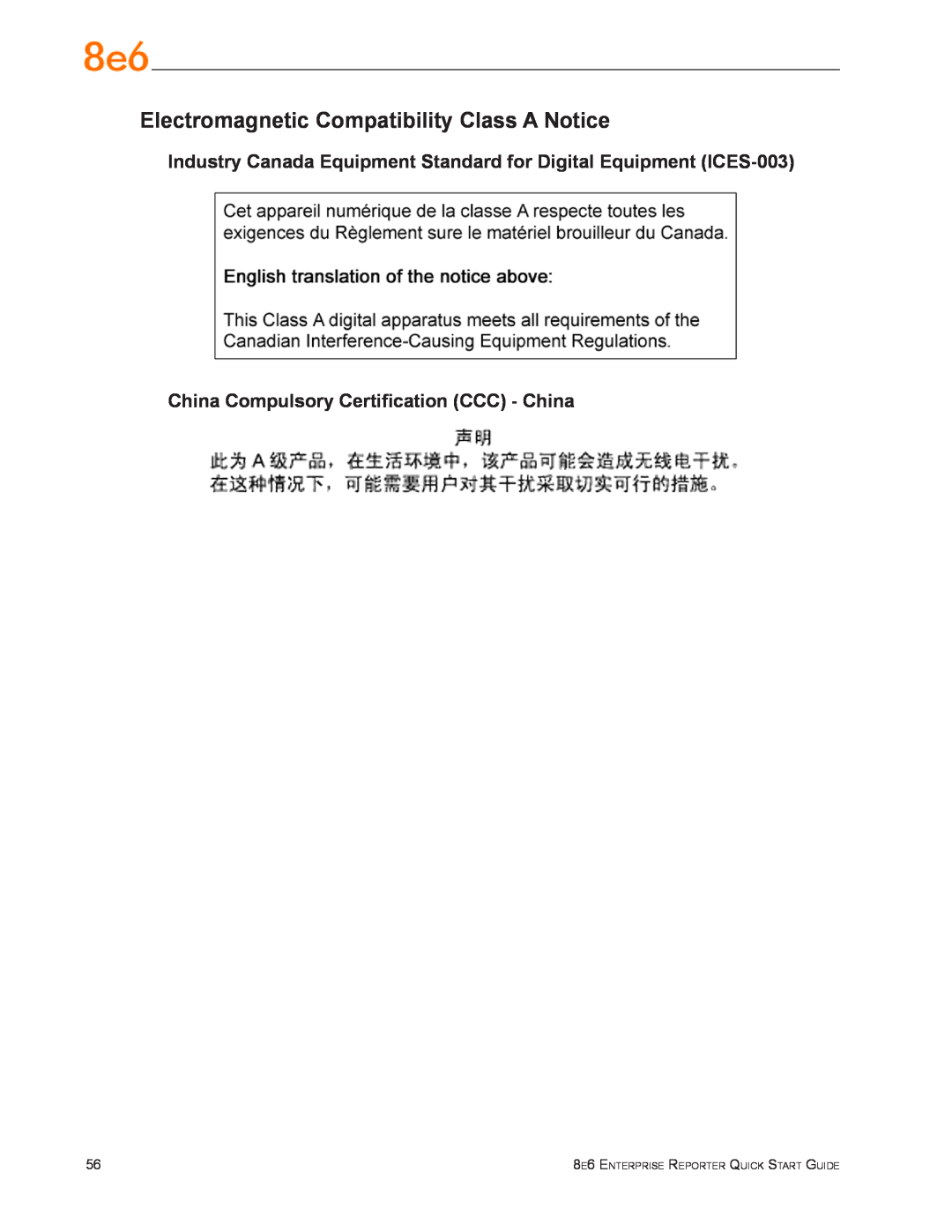8e6 Technologies ER3-100 (5K02-55) Electromagnetic Compatibility Class A Notice, 8e6 Enterprise Reporter Quick Start Guide 