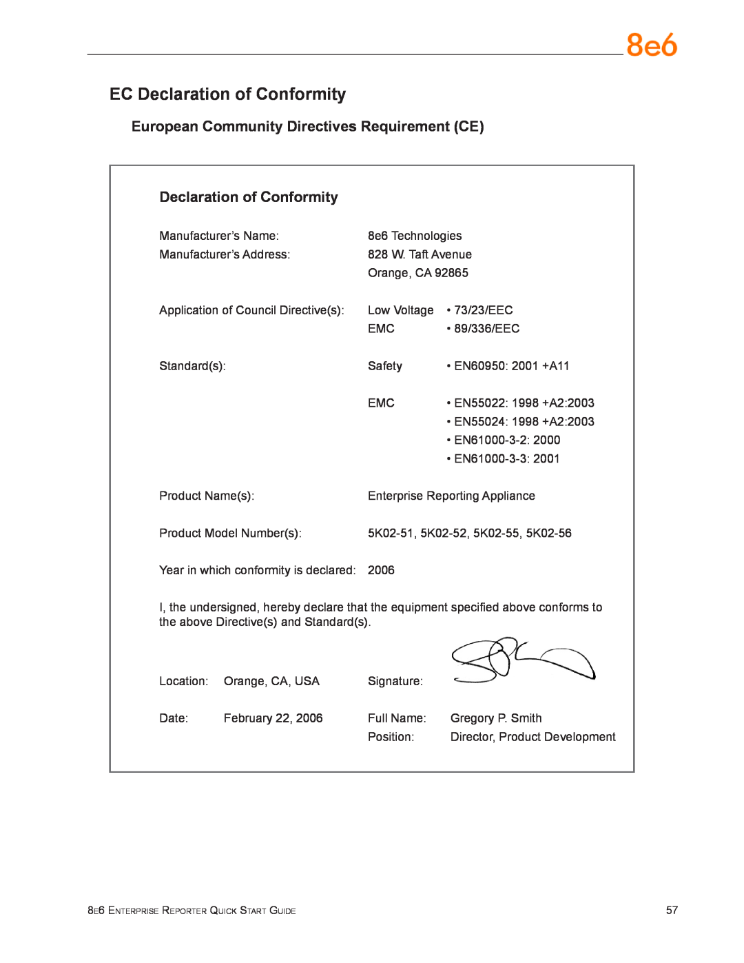8e6 Technologies ER3-200 (5K02-56) quick start EC Declaration of Conformity, European Community Directives Requirement CE 