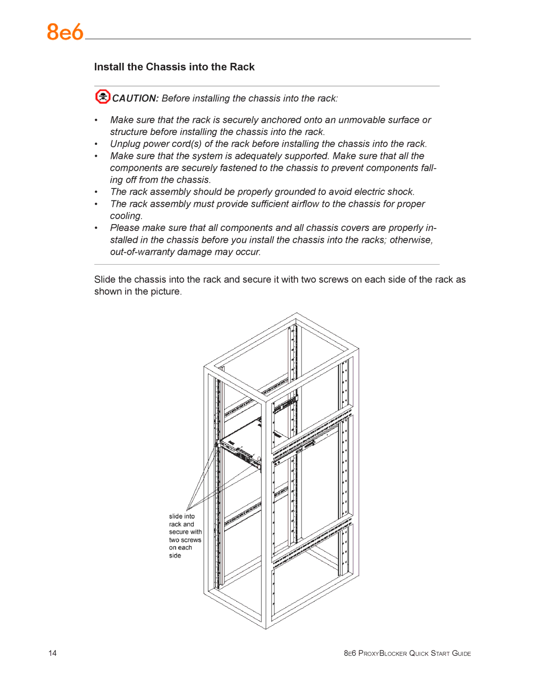 8e6 Technologies MSA-004-005 quick start Install the Chassis into the Rack 