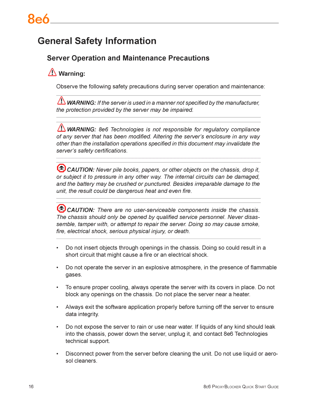 8e6 Technologies MSA-004-005 quick start General Safety Information, Server Operation and Maintenance Precautions 