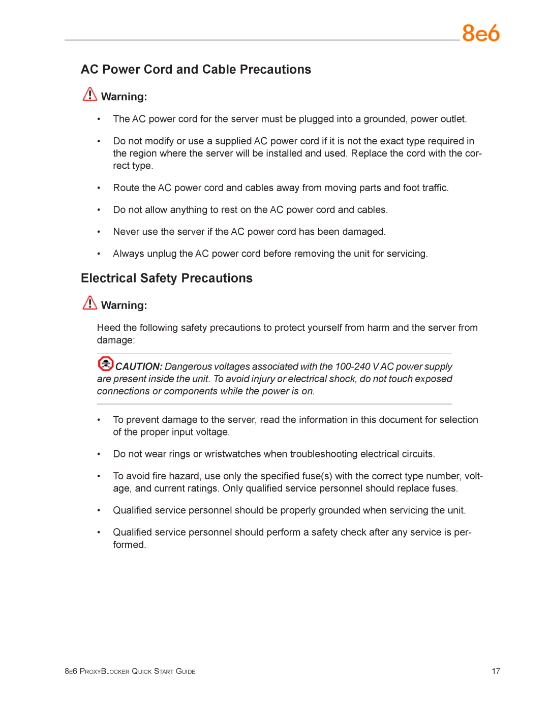 8e6 Technologies MSA-004-005 quick start AC Power Cord and Cable Precautions, Electrical Safety Precautions 