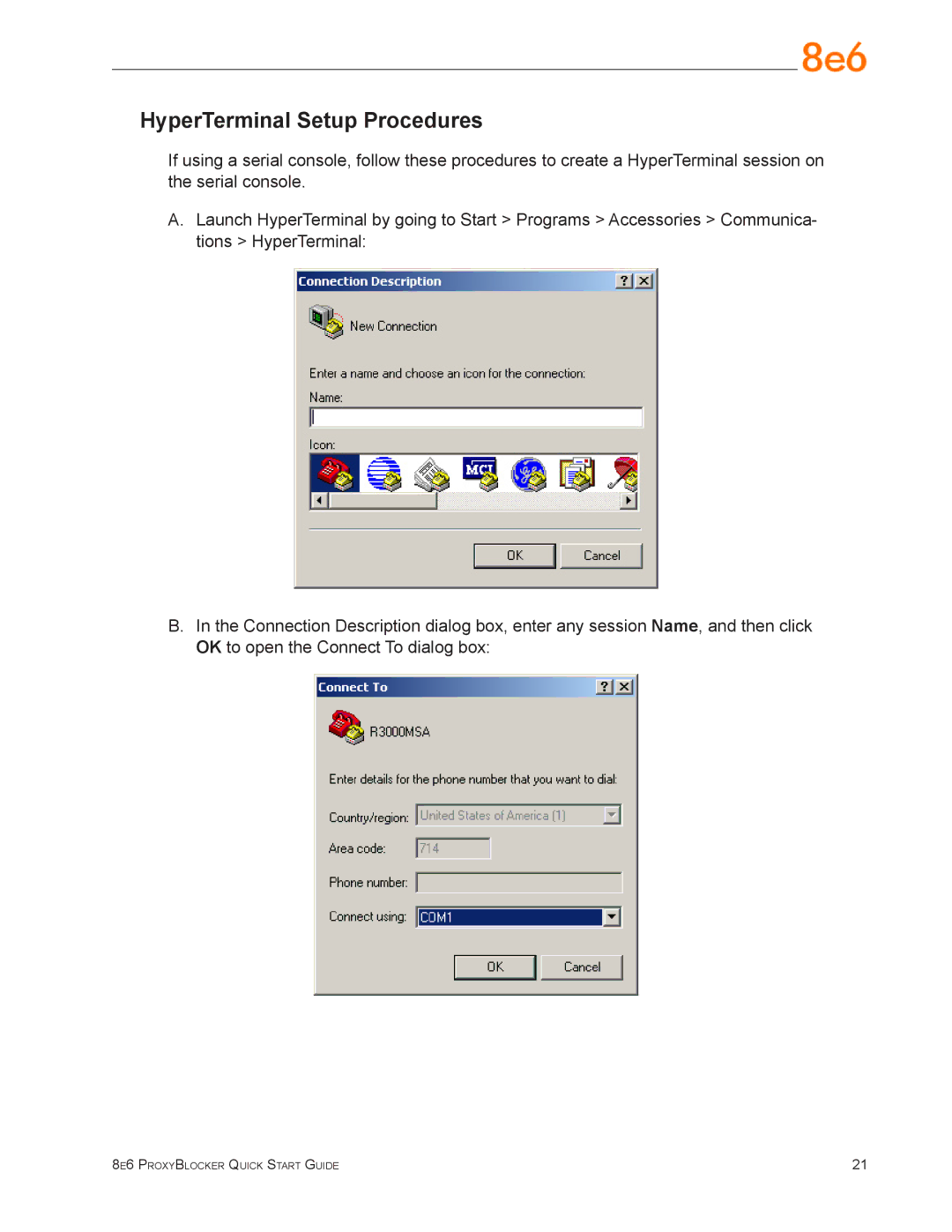 8e6 Technologies MSA-004-005 quick start HyperTerminal Setup Procedures 