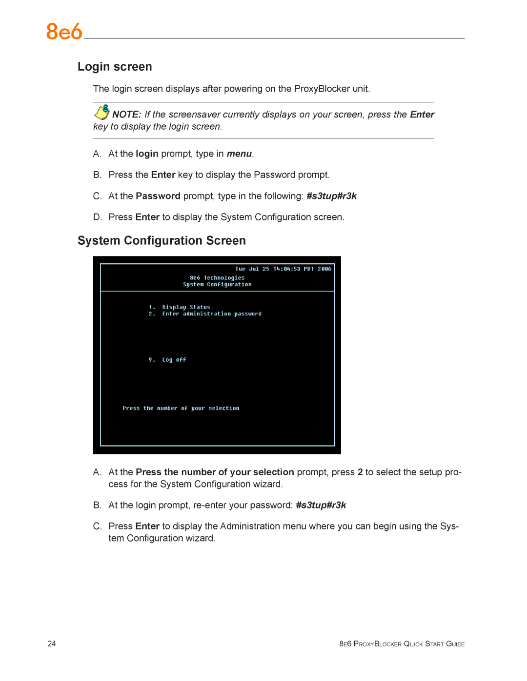 8e6 Technologies MSA-004-005 quick start Login screen, System Configuration Screen 