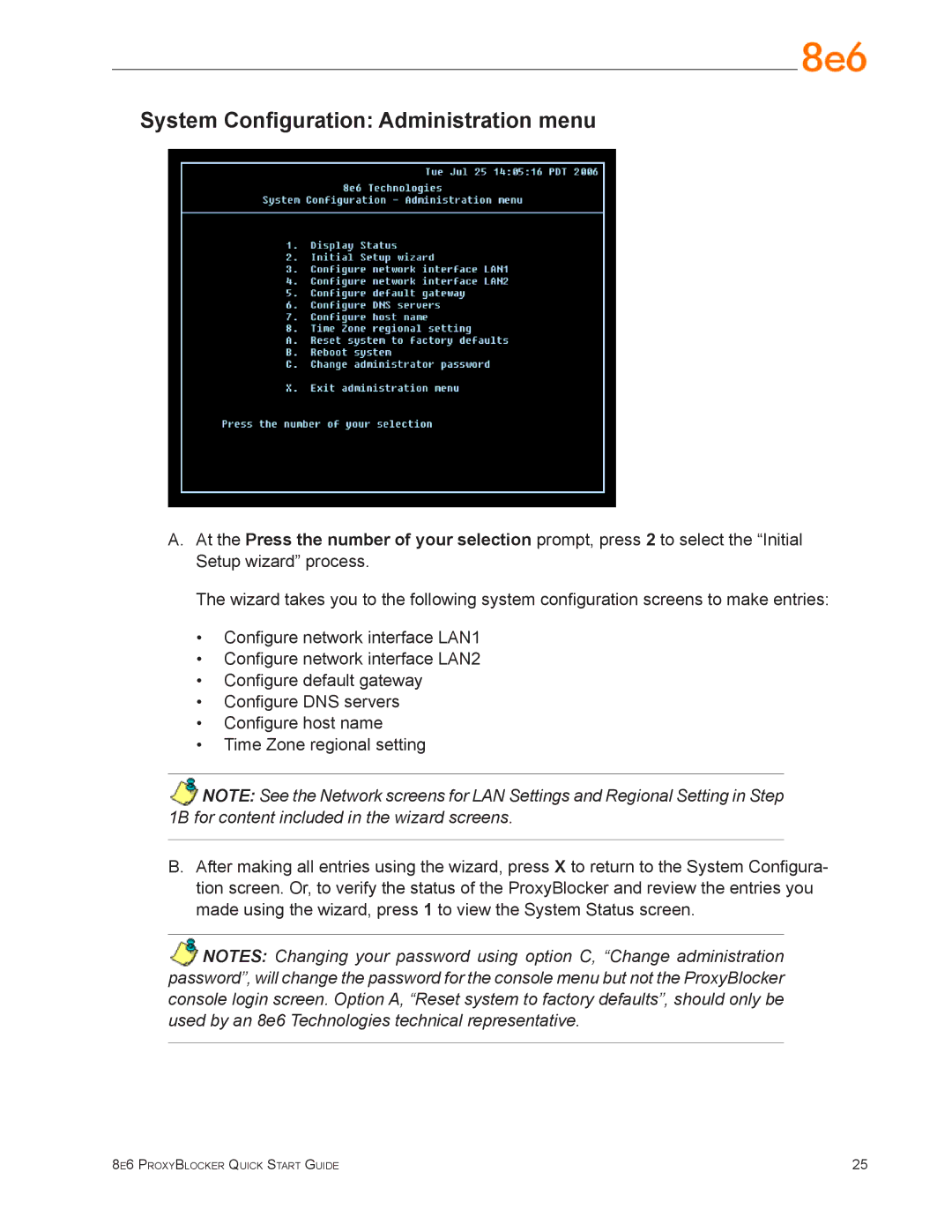 8e6 Technologies MSA-004-005 quick start System Configuration Administration menu 