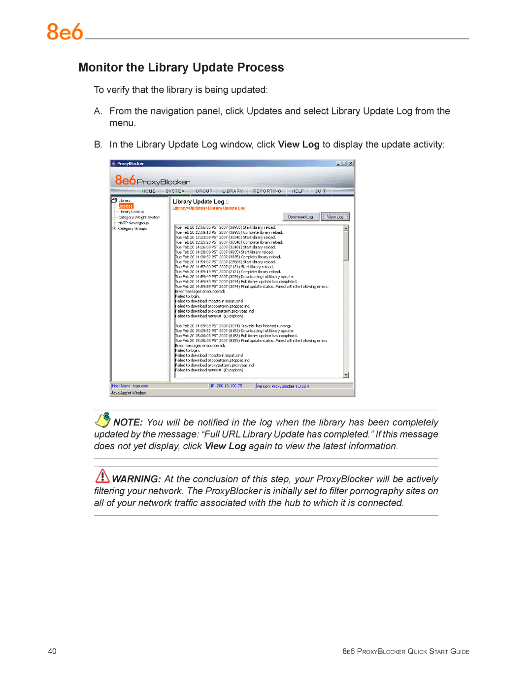 8e6 Technologies MSA-004-005 quick start Monitor the Library Update Process 