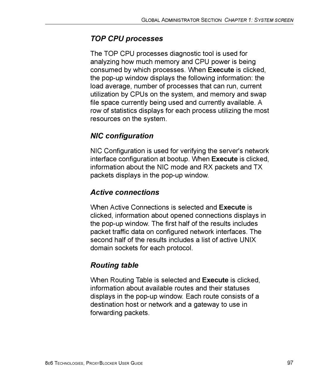 8e6 Technologies ProxyBlocker manual TOP CPU processes, NIC configuration, Active connections, Routing table 