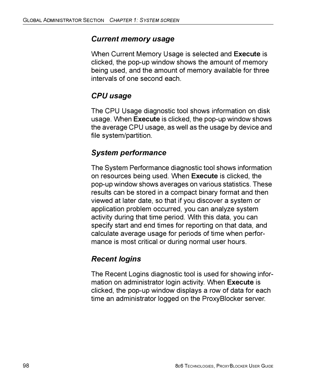 8e6 Technologies ProxyBlocker manual Current memory usage, CPU usage, System performance, Recent logins 