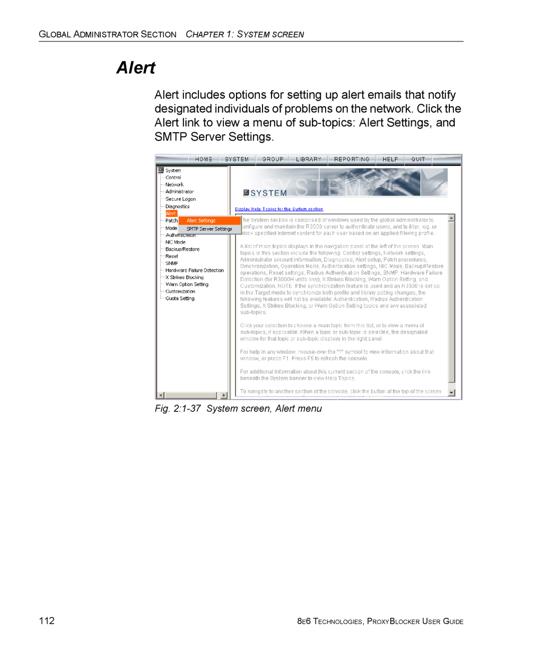 8e6 Technologies ProxyBlocker manual System screen, Alert menu 