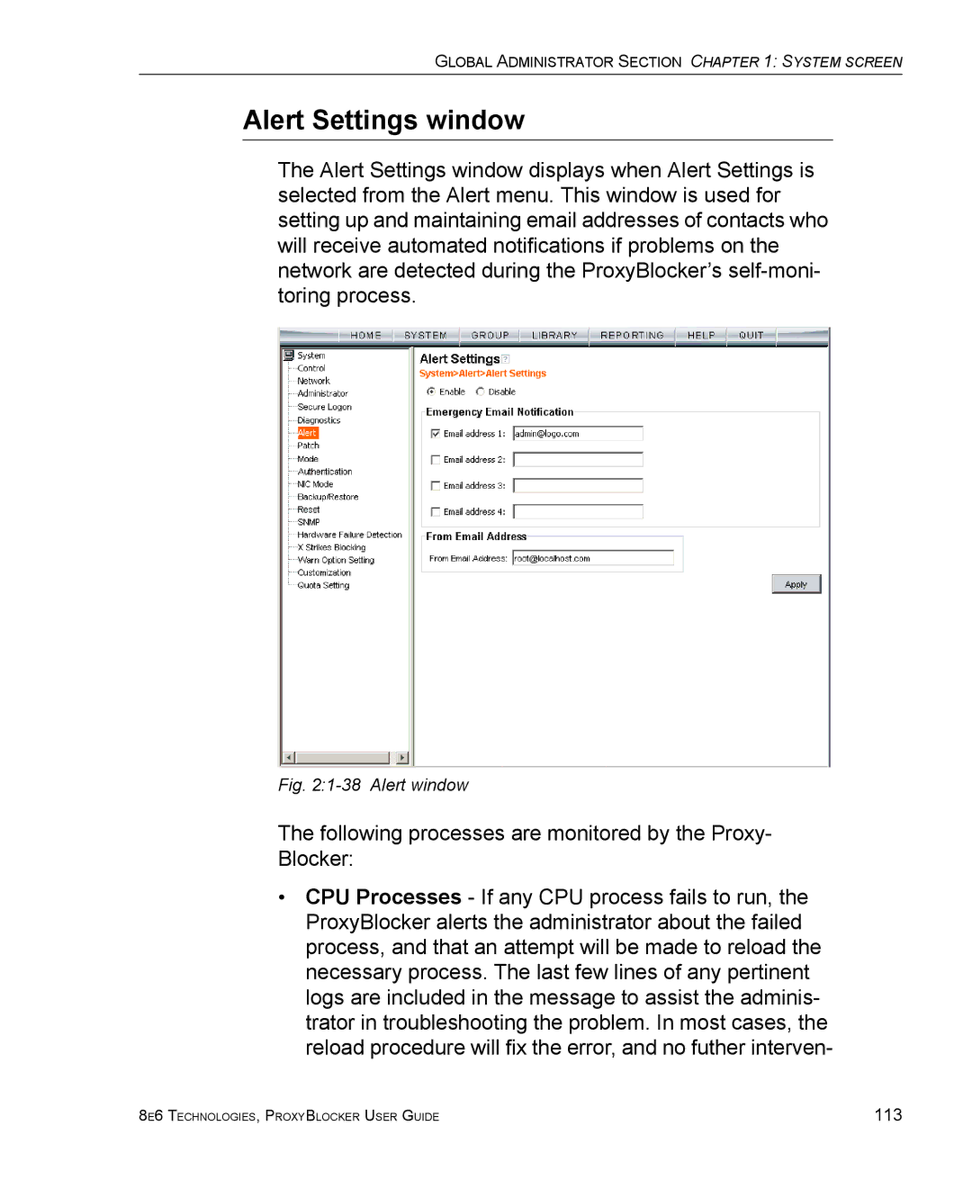 8e6 Technologies ProxyBlocker manual Alert Settings window, Alert window 