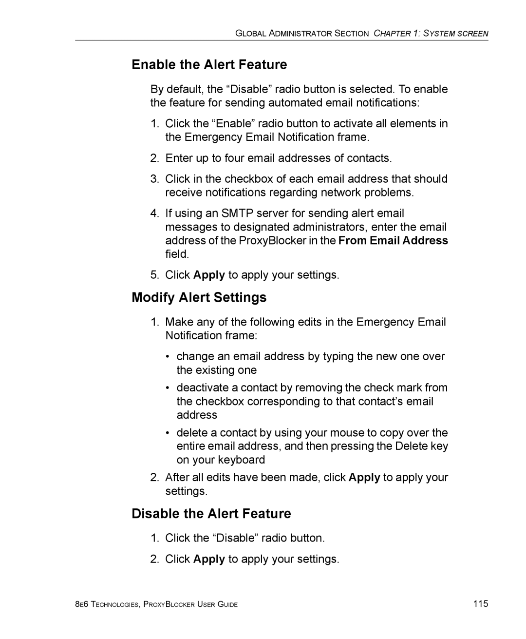 8e6 Technologies ProxyBlocker manual Enable the Alert Feature, Modify Alert Settings, Disable the Alert Feature 