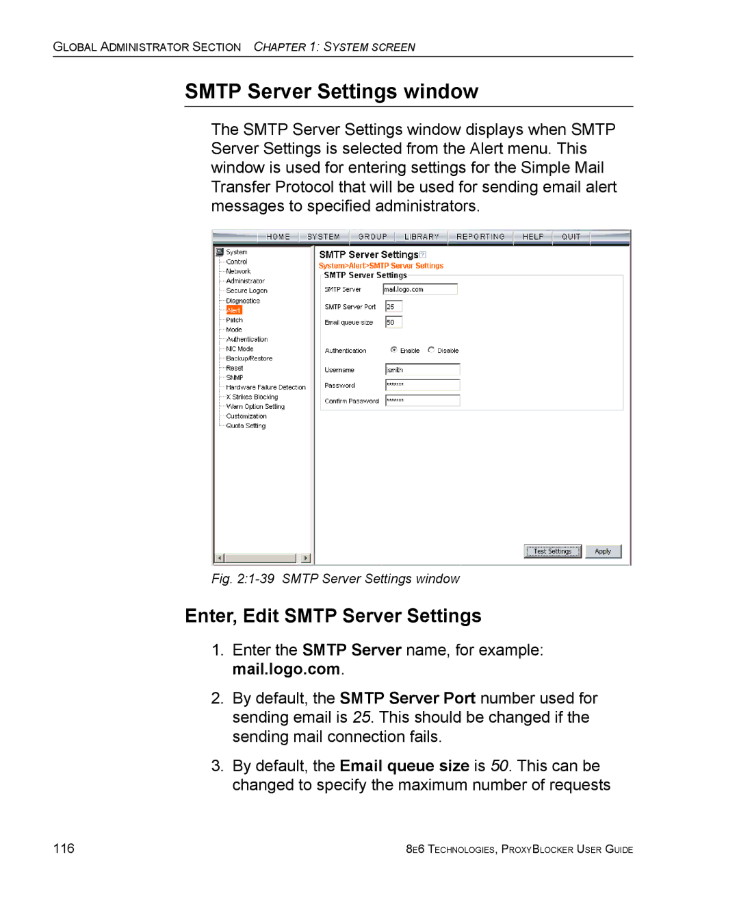 8e6 Technologies ProxyBlocker manual Smtp Server Settings window, Enter, Edit Smtp Server Settings 