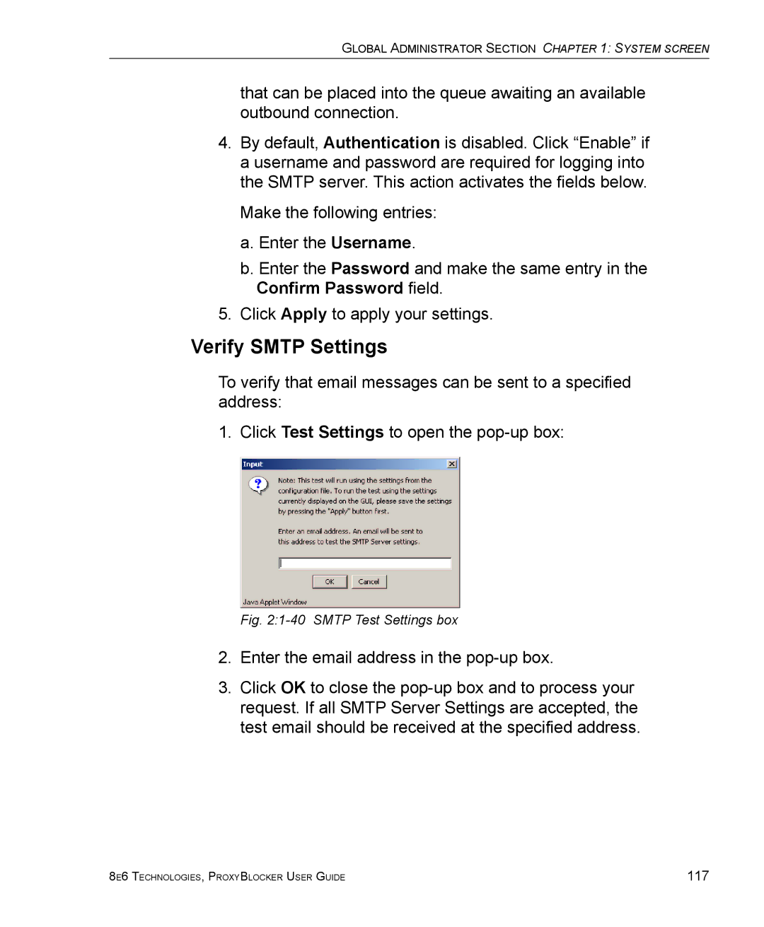 8e6 Technologies ProxyBlocker manual Verify Smtp Settings, Smtp Test Settings box 