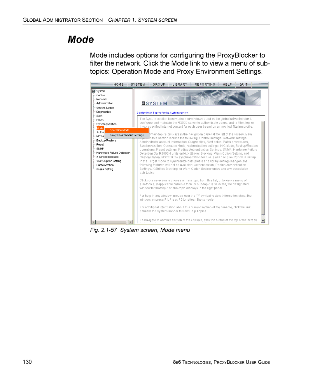 8e6 Technologies ProxyBlocker manual System screen, Mode menu 