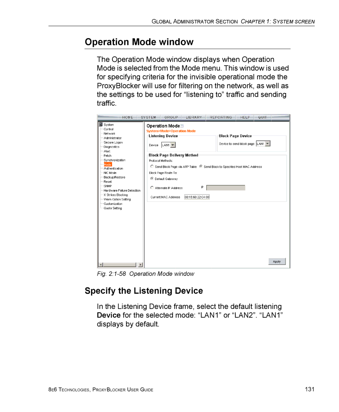 8e6 Technologies ProxyBlocker manual Operation Mode window, Specify the Listening Device 