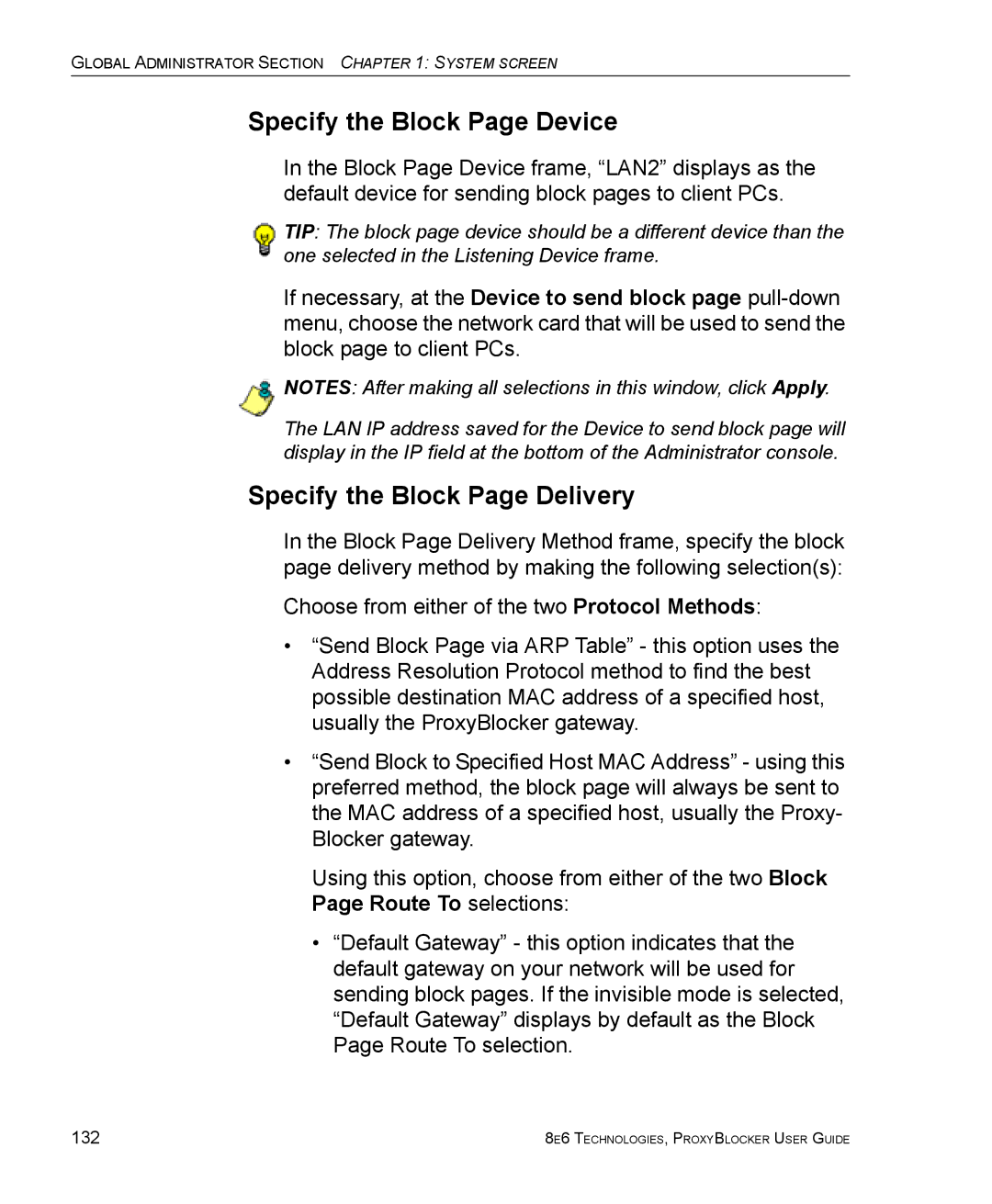 8e6 Technologies ProxyBlocker manual Specify the Block Page Device, Specify the Block Page Delivery 