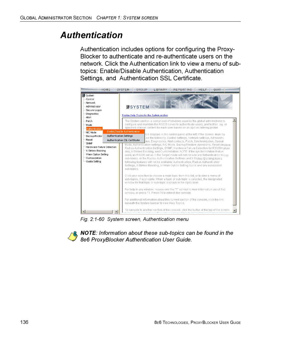 8e6 Technologies ProxyBlocker manual System screen, Authentication menu 