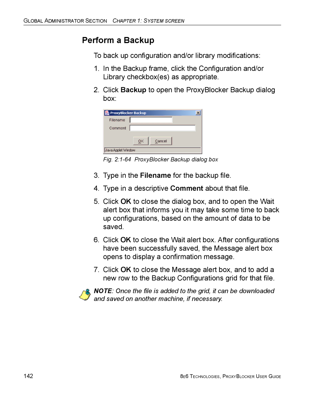 8e6 Technologies manual Perform a Backup, ProxyBlocker Backup dialog box 