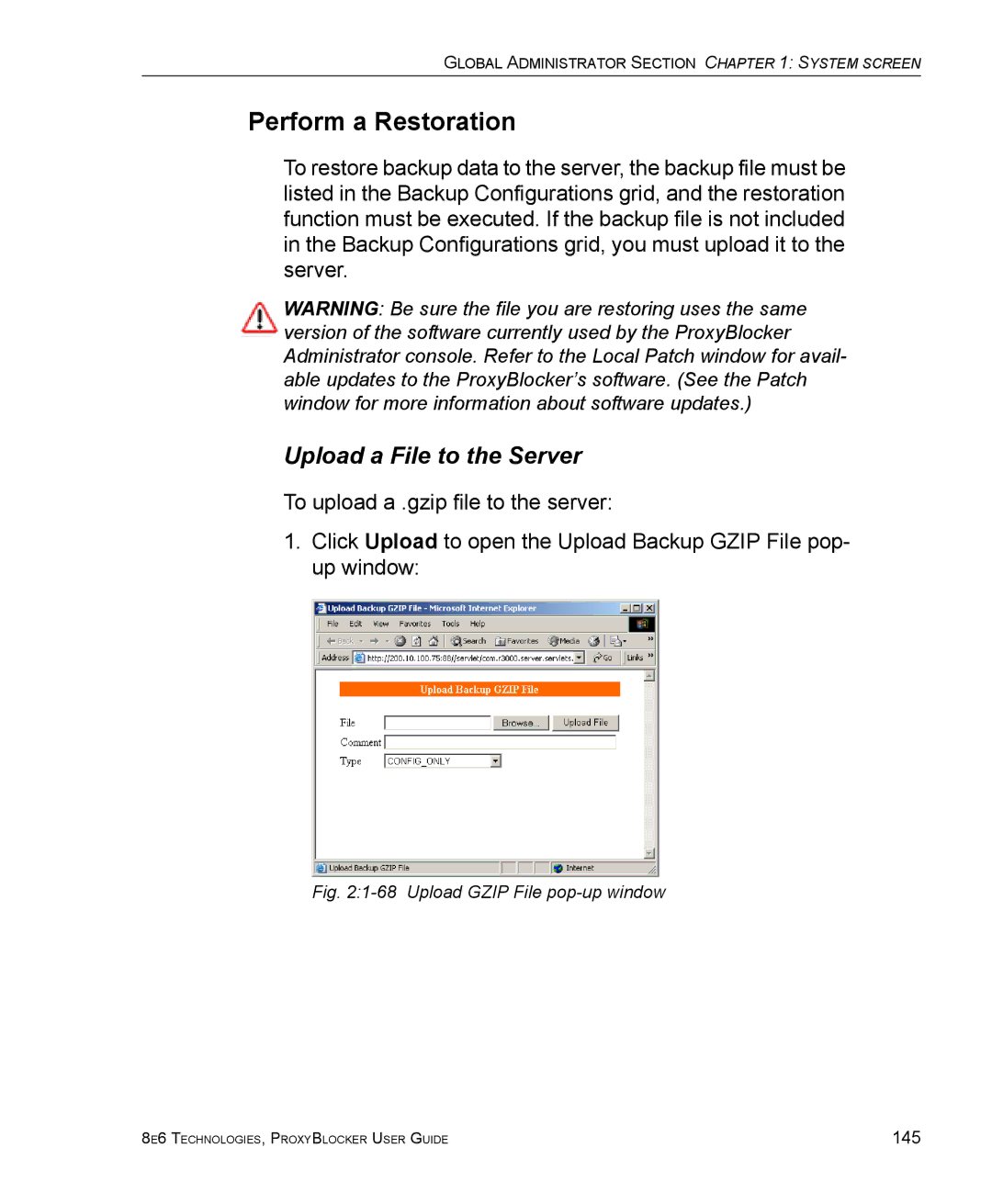 8e6 Technologies ProxyBlocker manual Perform a Restoration, Upload a File to the Server 
