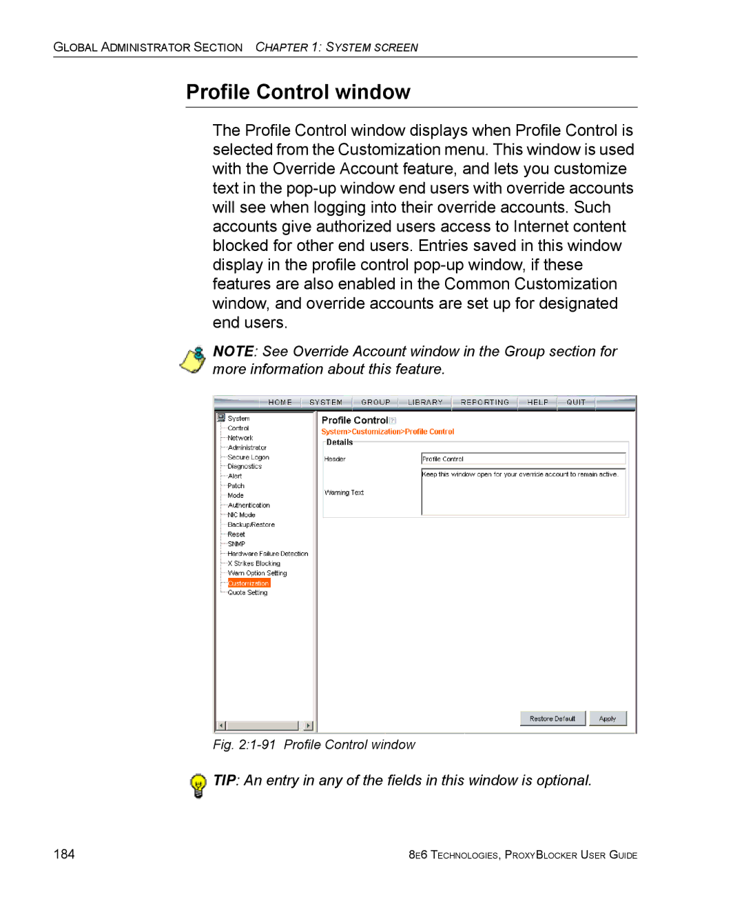 8e6 Technologies ProxyBlocker manual Profile Control window 