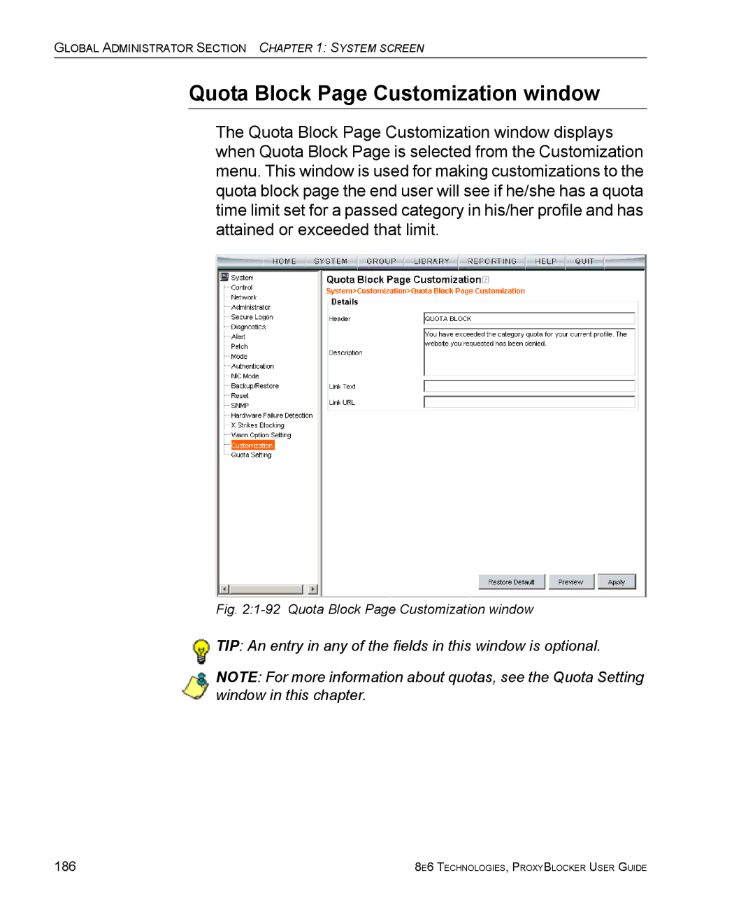 8e6 Technologies ProxyBlocker manual Quota Block Page Customization window 