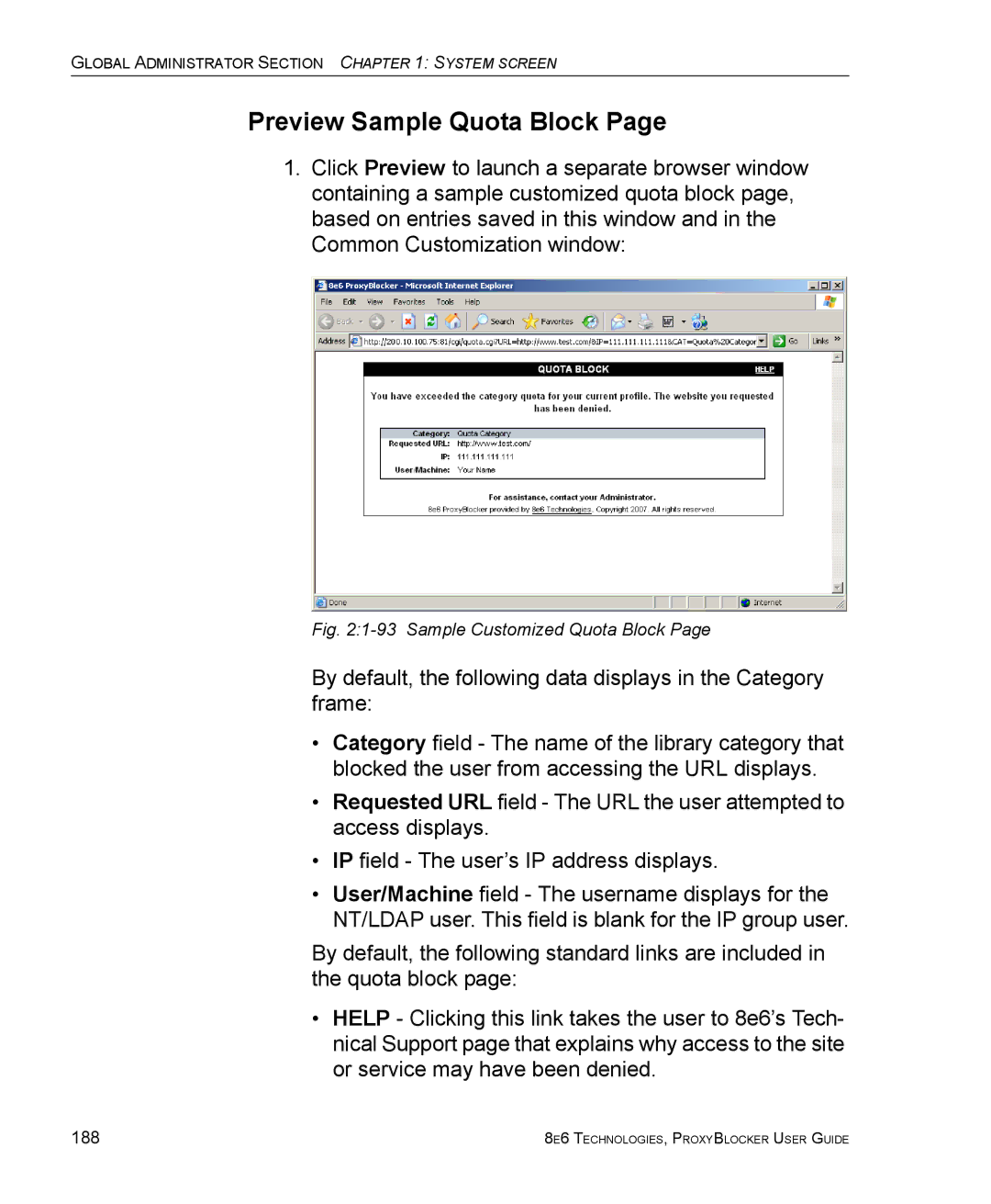 8e6 Technologies ProxyBlocker manual Preview Sample Quota Block, Sample Customized Quota Block 