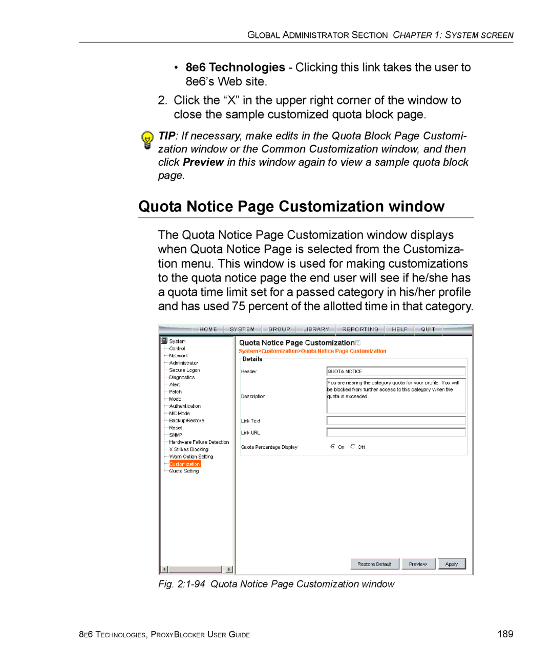 8e6 Technologies ProxyBlocker manual Quota Notice Page Customization window 