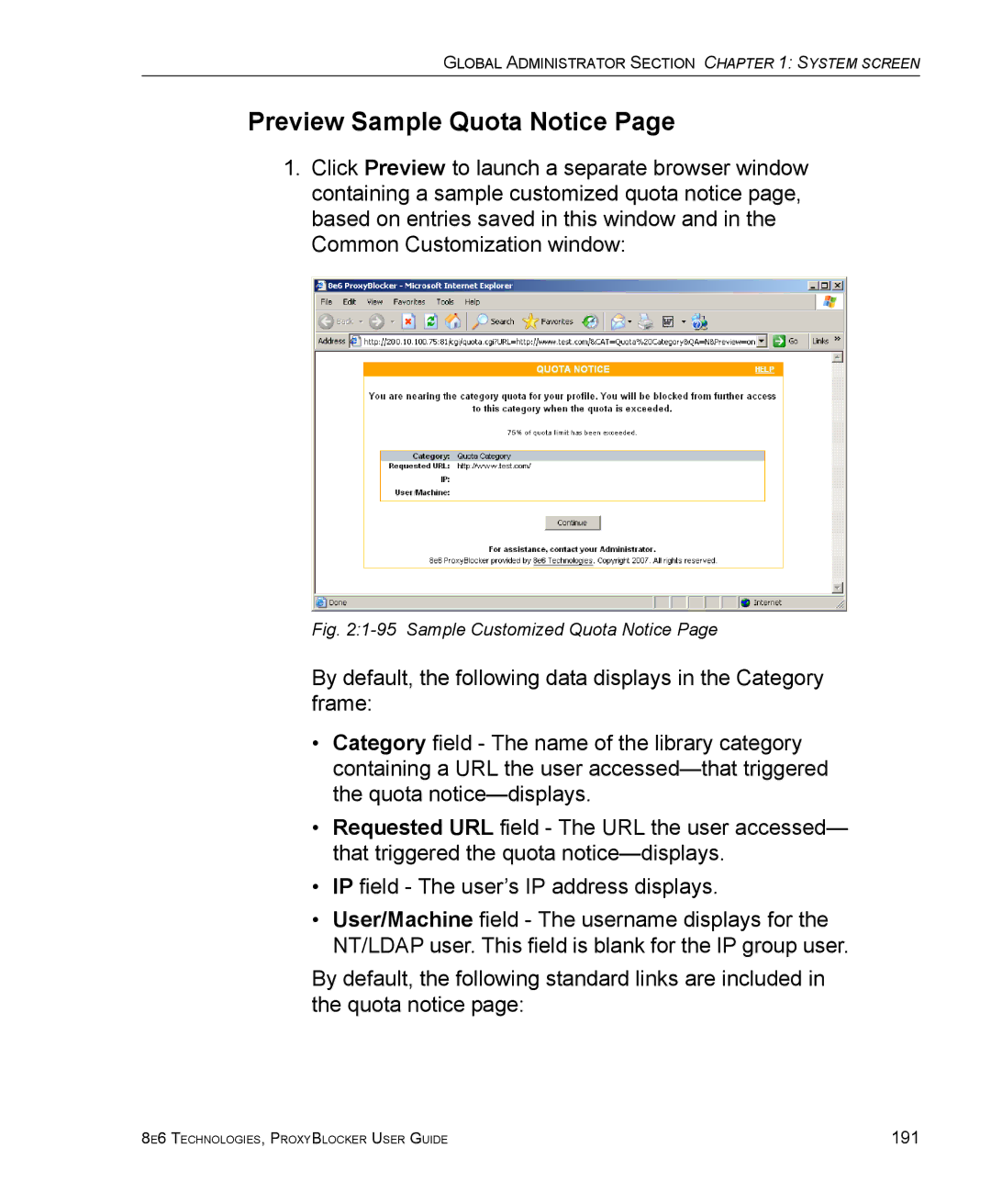 8e6 Technologies ProxyBlocker manual Preview Sample Quota Notice, Sample Customized Quota Notice 