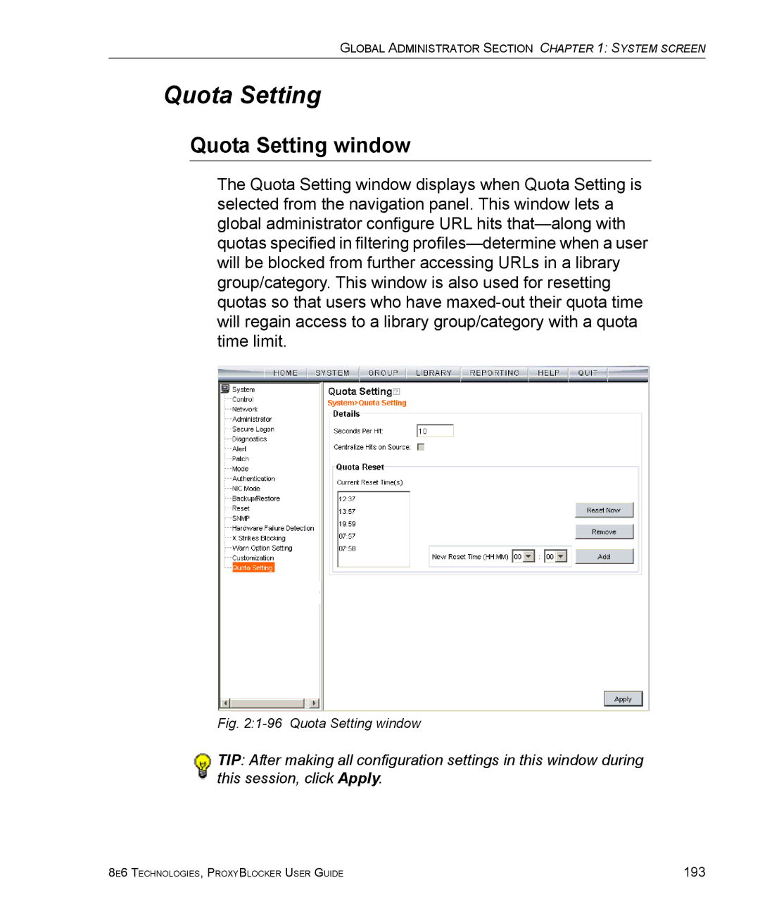 8e6 Technologies ProxyBlocker manual Quota Setting window 