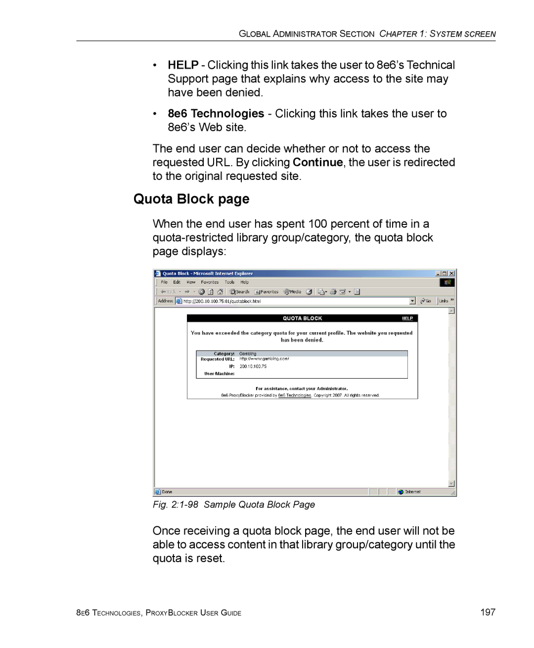 8e6 Technologies ProxyBlocker manual Sample Quota Block 