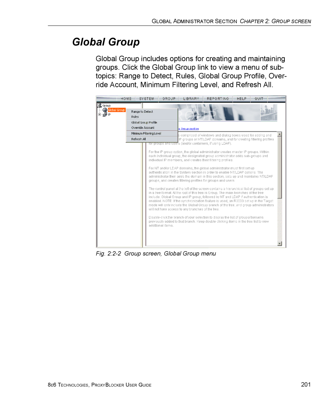 8e6 Technologies ProxyBlocker manual Group screen, Global Group menu 