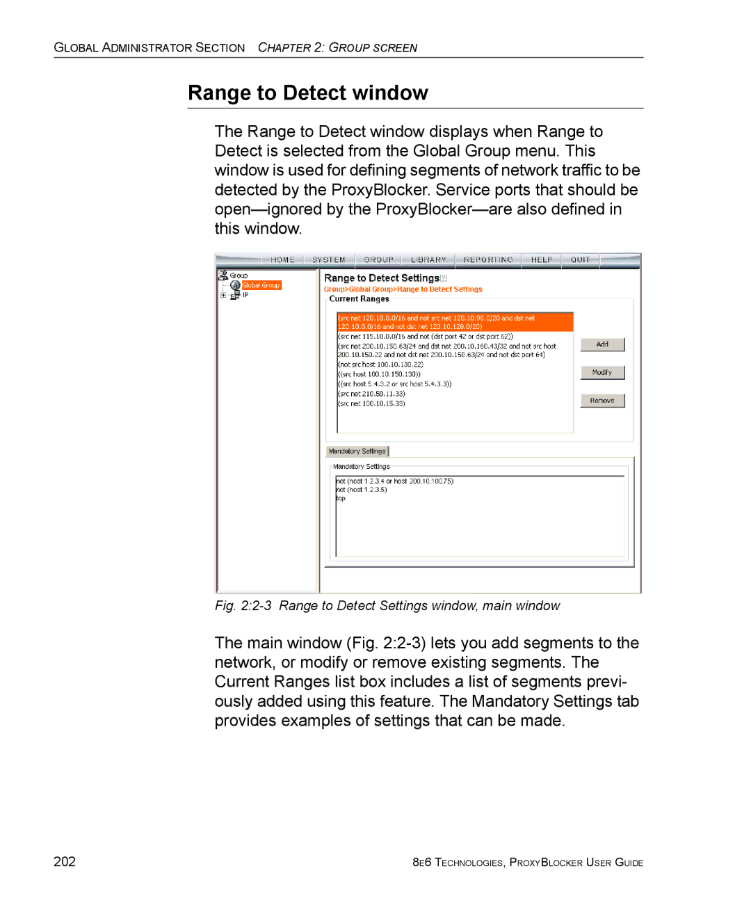 8e6 Technologies ProxyBlocker manual Range to Detect window, Range to Detect Settings window, main window 