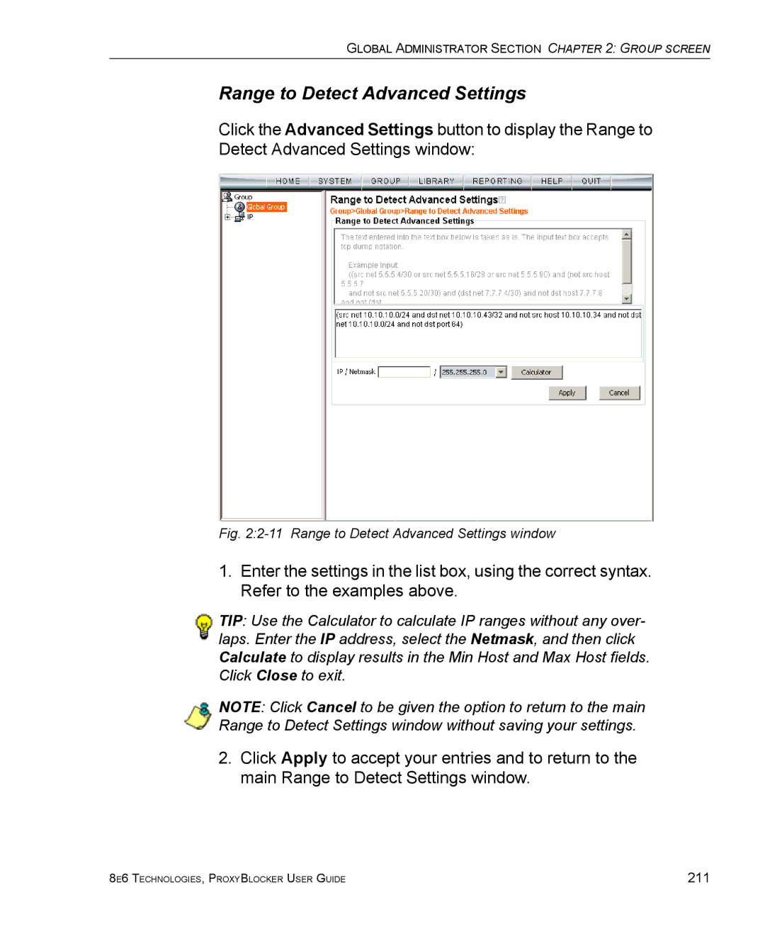 8e6 Technologies ProxyBlocker manual Range to Detect Advanced Settings window 