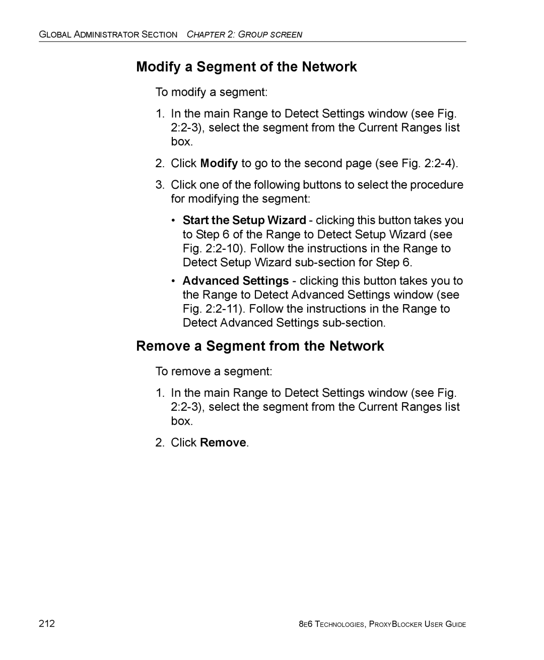 8e6 Technologies ProxyBlocker manual Modify a Segment of the Network, Remove a Segment from the Network 