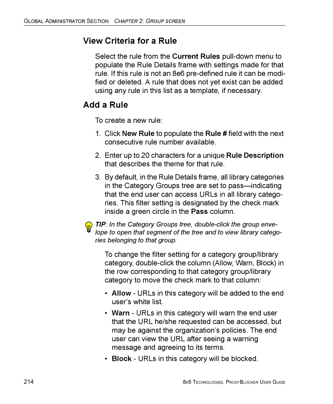 8e6 Technologies ProxyBlocker manual View Criteria for a Rule, Add a Rule 