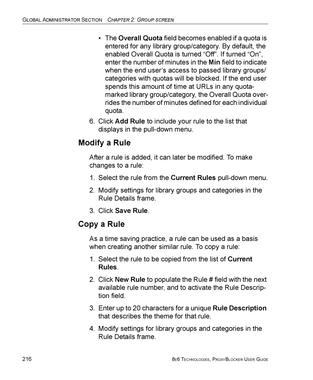 8e6 Technologies ProxyBlocker manual Modify a Rule, Copy a Rule, Click Save Rule 