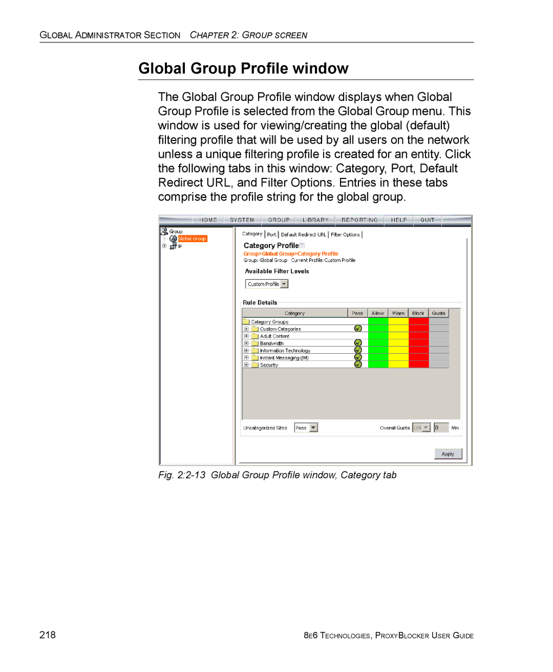 8e6 Technologies ProxyBlocker manual Global Group Profile window, Category tab 