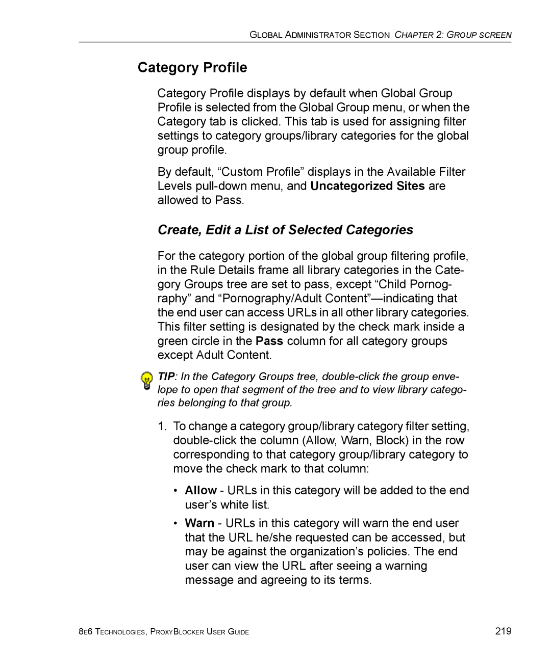 8e6 Technologies ProxyBlocker manual Category Profile, Create, Edit a List of Selected Categories 